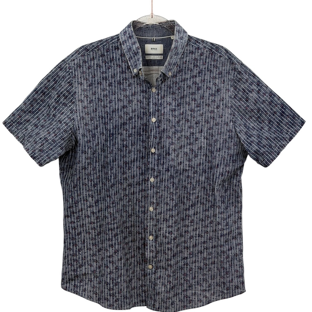 Brax Button Down Mens SZ L Blue Casual Floral Cotton Linen Modern Fit Shirt Dad